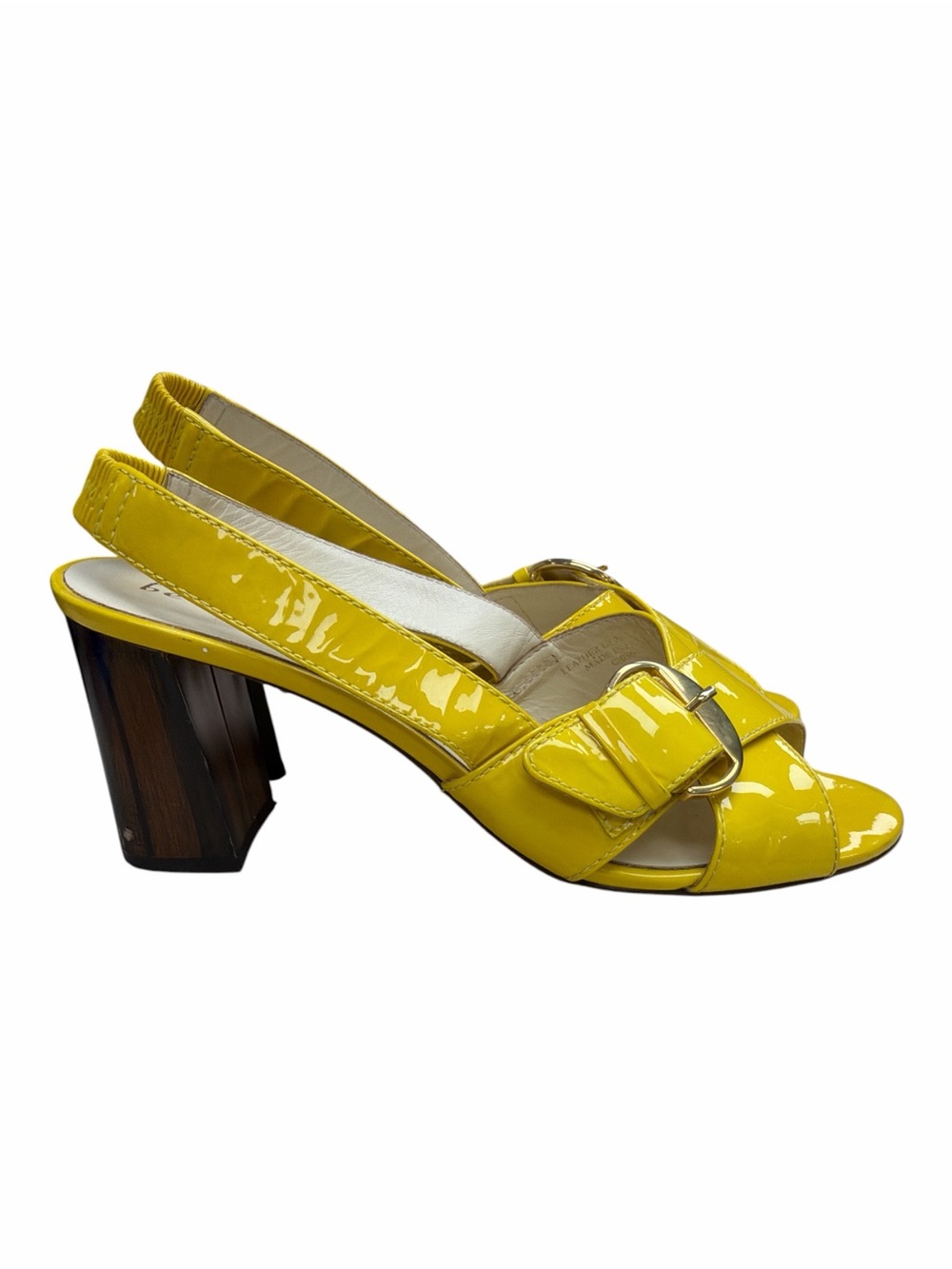 Bettye Muller Pepper Yellow Patent Leather Slingback Block Heel Sandals